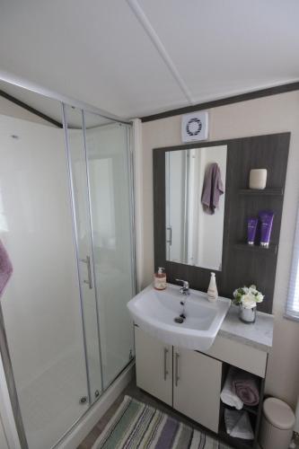 a bathroom with a white sink and a shower at Jackson Lodge in Perth