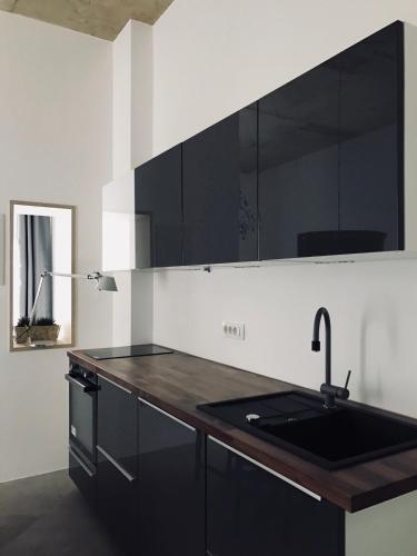 Una cocina con gabinetes negros y un fregadero. en Street Flat, en Liubliana