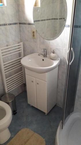 a bathroom with a sink and a toilet and a mirror at Chalupa JANINA in Terchová
