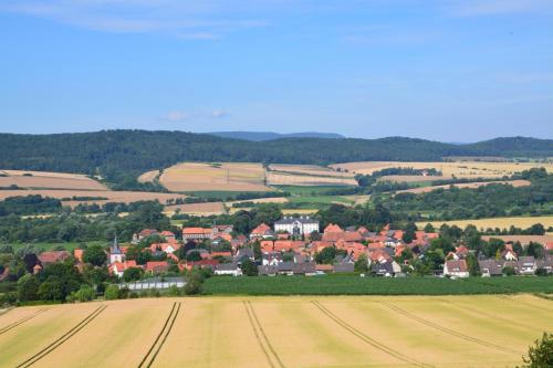 a view of a town in a field with a farm at Sieben-Berge-Haus in Brüggen
