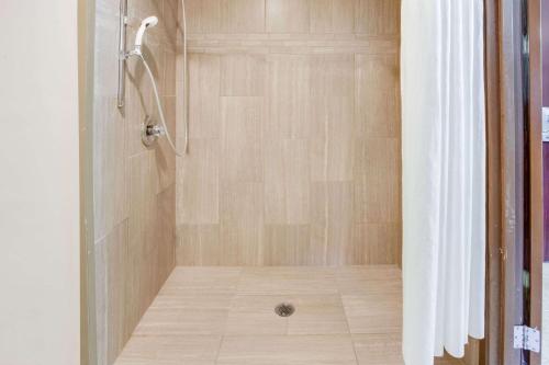 a bathroom with a shower with a shower curtain at Baymont by Wyndham Kalamazoo West in Kalamazoo