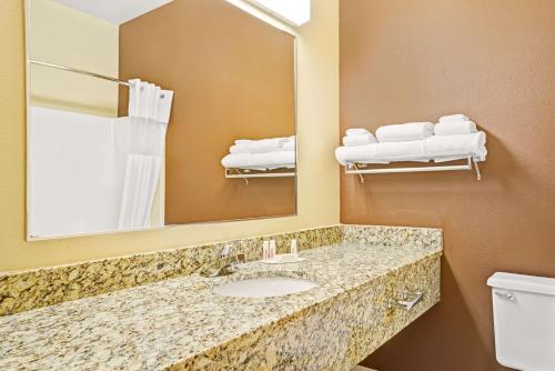 a bathroom with a sink and a mirror and a toilet at Baymont by Wyndham Wahpeton in Wahpeton