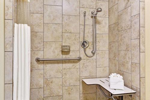 a shower in a bathroom with a shower curtain at Baymont by Wyndham Provo River in Provo