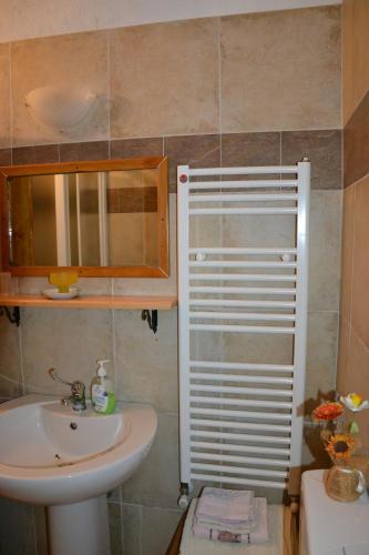 a bathroom with a sink and a mirror at Agriturismo LA TAVERNA DEL NONNO in Borzonasca