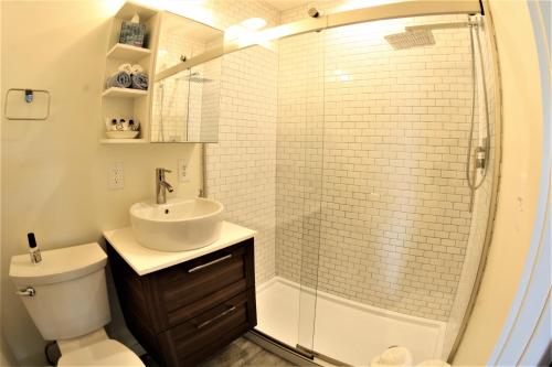 a bathroom with a toilet and a sink and a shower at The Ledges Resort & Marina in Alexandria Bay