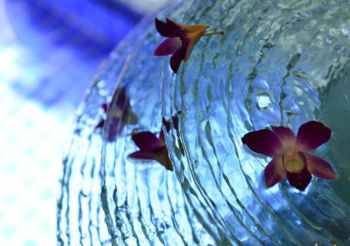 a group of flowers in a glass vase with water at Balinese onsen ryokan Hakone Airu in Hakone