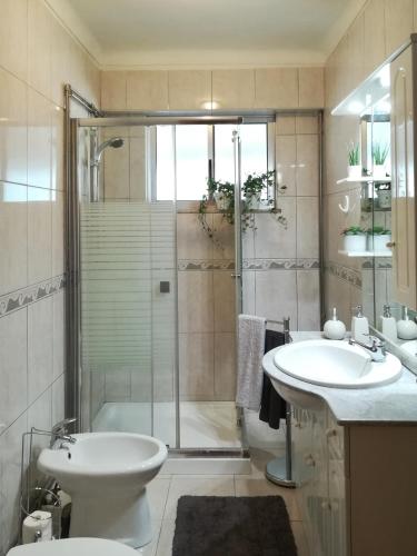 a bathroom with a shower and a toilet and a sink at Liberdadeflat4u in Braga