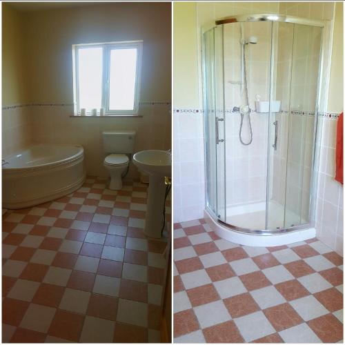 a bathroom with a tub shower and a toilet at Large Luxury House in Ballyell