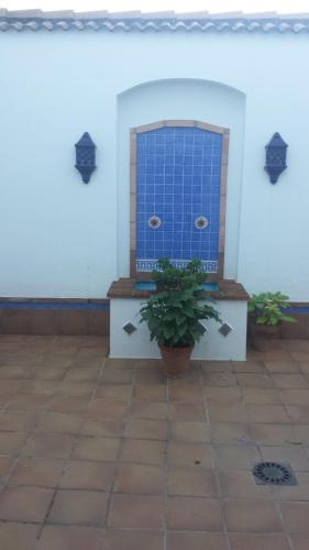 a room with a blue door and two potted plants at Casa Rural Mirador del Castillo in Almodóvar del Río