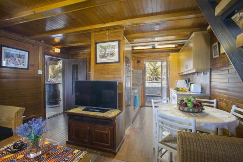 a kitchen and living room with a table and a television at Ricky Chalet Near Troodos in Spilia