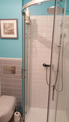 a bathroom with a shower with a toilet and a sink at Widok na góry in Stronie Śląskie