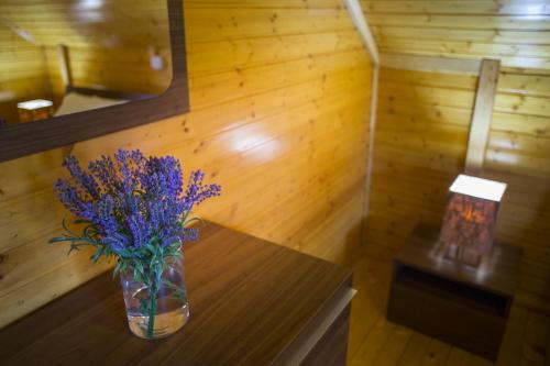 a vase of purple flowers on a table in a room at Ricky Chalet Near Troodos in Spilia