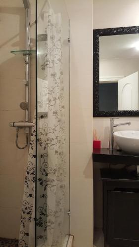a bathroom with a shower with a sink and a mirror at 3M VUT 519 As in Gijón