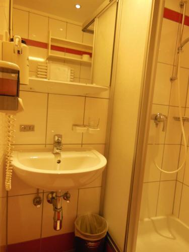 a bathroom with a sink and a shower at Wohlfühlresort und Feriengut Martinerhof in Sankt Martin am Tennengebirge