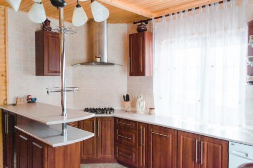 kuchnia z drewnianymi szafkami, umywalką i oknem w obiekcie Kryvyi brid w Jaremczach