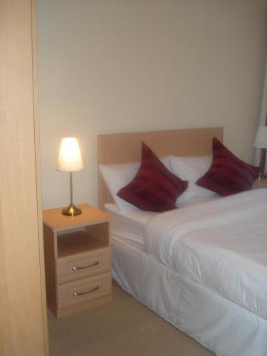 a bedroom with a bed with red pillows and a lamp at 33 ArdMullen Townhouse X Davitt's Guesthouse & Restaurant Kenmare in Kenmare