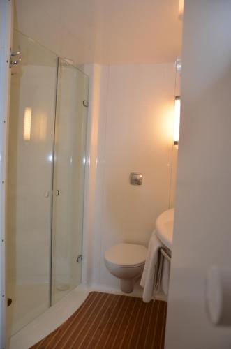 a bathroom with a shower and a toilet and a sink at ibis Issoire in Issoire