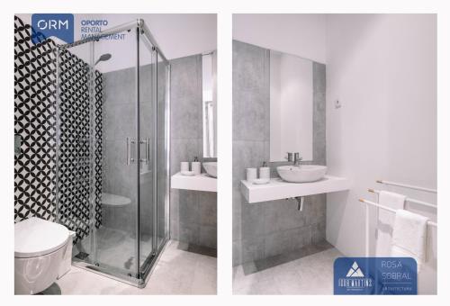 ein Badezimmer mit Dusche, Toilette und Waschbecken in der Unterkunft ORM - Mártires & Pinheiro Apartments in Porto