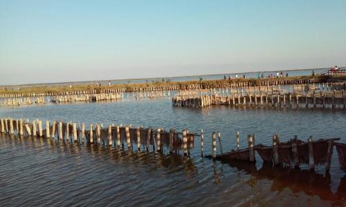 a pier in the water with people walking on it at B&B Al Verde & Mare in Porto Garibaldi