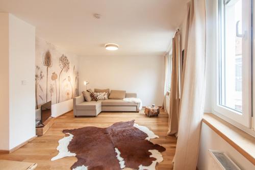 a living room with a couch and a rug on the floor at Wohnen am Bäckerbrunnen Semmelstraße in Würzburg