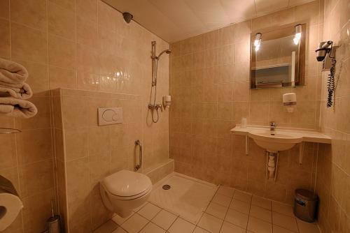 a bathroom with a shower and a toilet and a sink at Le Ruisseau in Saint-Mandé