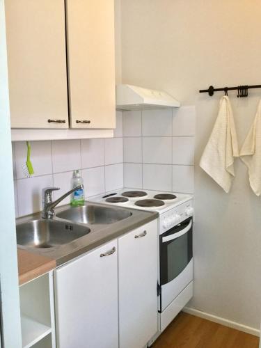 a kitchen with a sink and a stove at Ullanlinna Studio in Helsinki