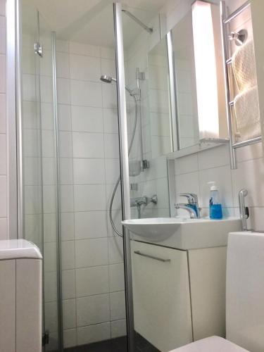 Un baño con ducha, lavabo y espejo. en Ullanlinna Studio, en Helsinki