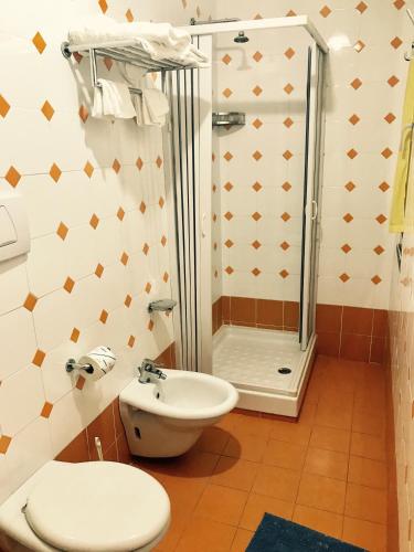 a bathroom with a shower and a toilet and a sink at Apparthotel Residence Riviera dei Cedri in Santa Maria del Cedro