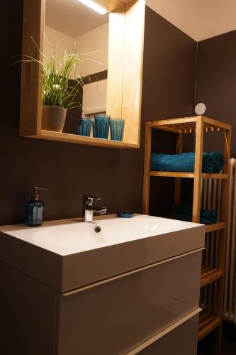 ein Badezimmer mit einem weißen Waschbecken und einem Spiegel in der Unterkunft Stylish New City Appartement in Graz