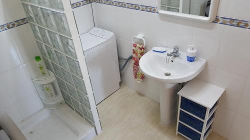 a small bathroom with a sink and a toilet at Finca Llambrich in L'Ametlla de Mar