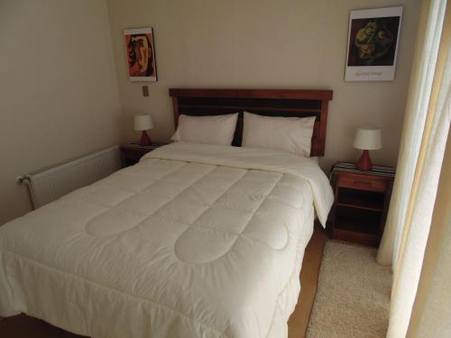 1 dormitorio con 1 cama blanca grande y 2 mesitas de noche en Departamento Concepción Centro, en Concepción