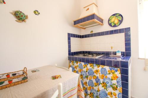 a kitchen with a stove and blue tiles on the wall at Villa Anastasia-Lampedusa in Lampedusa