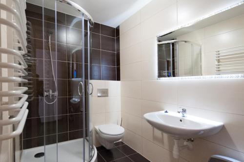 ein Bad mit einem WC, einem Waschbecken und einer Dusche in der Unterkunft Willa Alpejska in Wisła