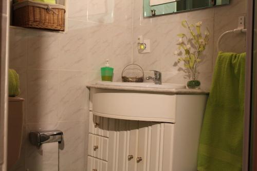 baño con lavabo y toalla verde en Casa Rural Abuela Simona, en Vega de Santa María