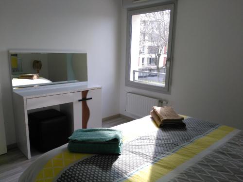 Un dormitorio con una cama, un lavabo y un espejo. en Appartement F3 avec Parking privée, en Saint-Priest