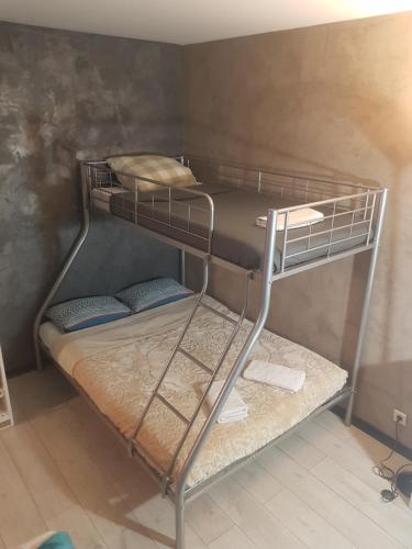 ル・クレムラン・ビセートルにあるStudio Meublé Proche Parisの二段ベッドが備わる小さな客室のベッド1台分です。