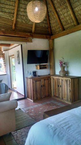 a bedroom with a bed and a flat screen tv at Casa d'Lobo Hotel Boutique in Malinalco