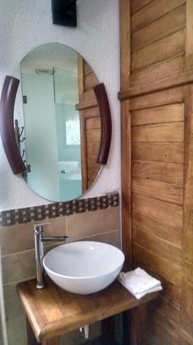 a bathroom with a sink and a mirror at Casa d'Lobo Hotel Boutique in Malinalco