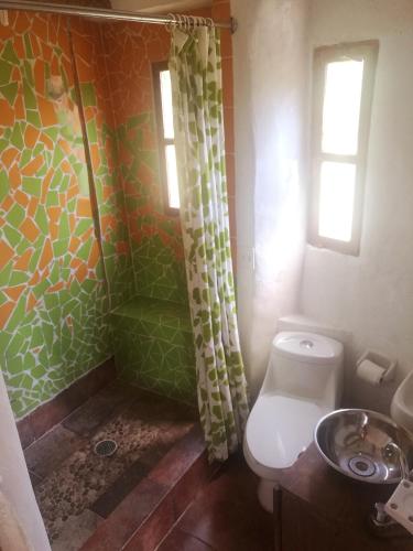 a bathroom with a toilet and a shower and a sink at Casa de campo vacacional "Tres Soles" en Xico, Veracruz in Xico