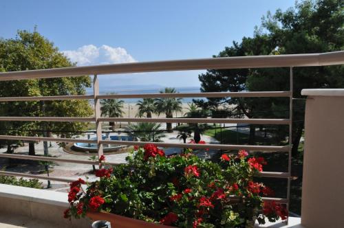a balcony with red flowers and a view of the ocean at Al Mare in Asprovalta