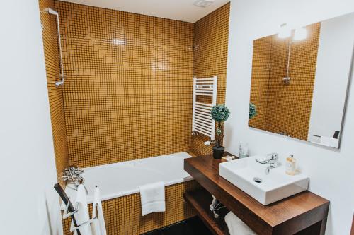 a bathroom with a sink and a tub and a mirror at Magnolia Apartment in Geres