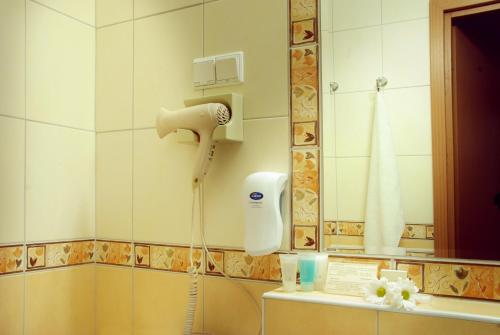 a bathroom with a blow dryer and a mirror at Hotel Basztowy in Sandomierz