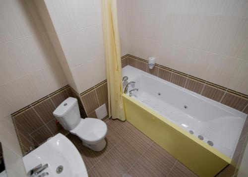a bathroom with a toilet and a bath tub at Hotel Villa Natali in Chişinău