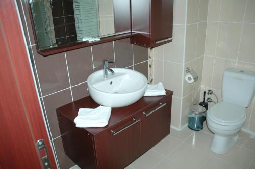 a bathroom with a sink and a toilet at Burgaz Resort Aquapark Hotel in Kırklareli