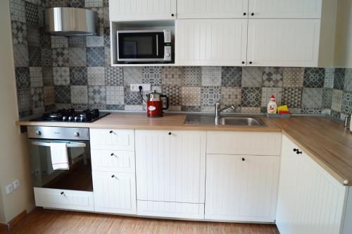 a kitchen with white cabinets and a sink at Apartmány Mary in Litoměřice