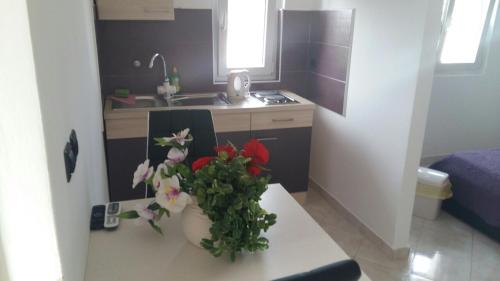 eine Küche mit einem Tisch, auf dem eine Blumenvase steht in der Unterkunft Vila Nera in Zaboric