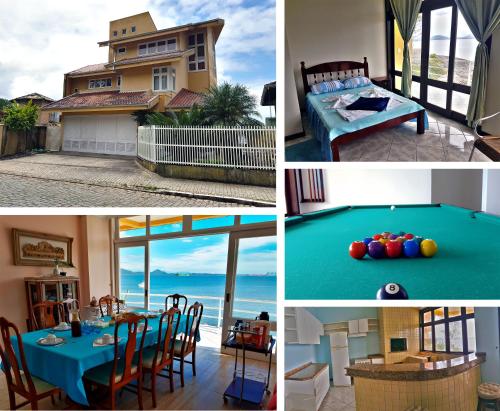 a collage of photos of a house with a pool table at Pousada Pedra das Tartarugas in São Francisco do Sul