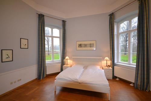 sypialnia z białym łóżkiem i 2 oknami w obiekcie FerienGut Dalwitz Gutshaus w mieście Walkendorf