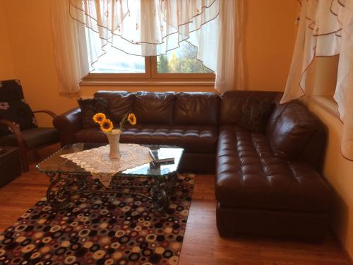 a living room with a leather couch and a table at Ferienhaus König in Sankt Michael im Lungau