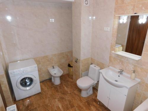 a bathroom with a toilet sink and a washing machine at Garsoniera Luxury in Sibiu